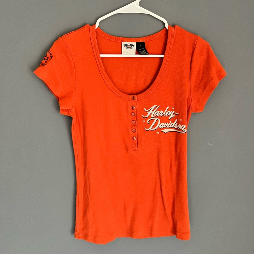 Vintage Y2K Harley Davidson Size L Orange Ribbed Henley Top Shirt Baby Doll Logo